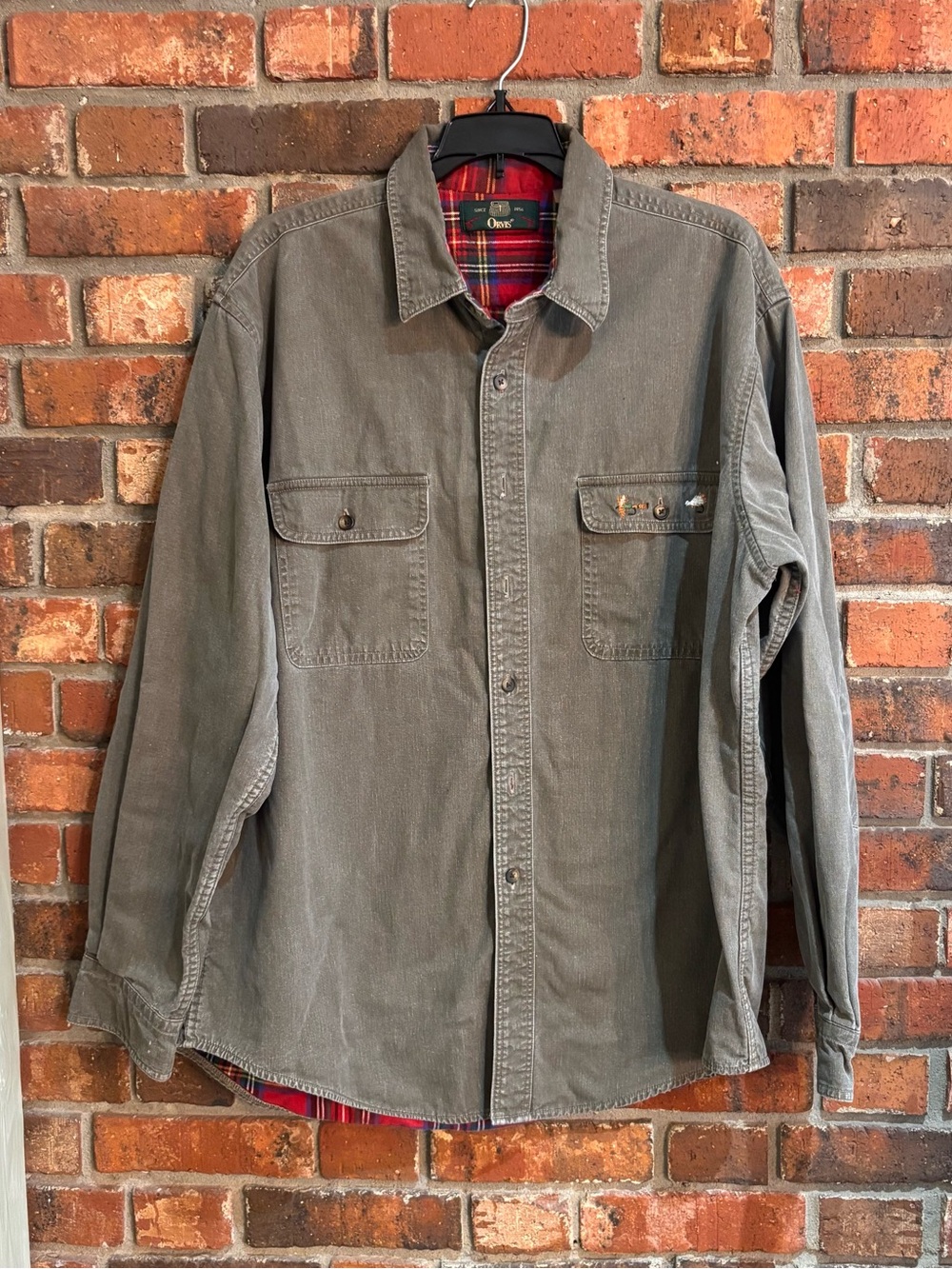 Orvis mens vintage flannel lined shirt jacket shacket olive green L